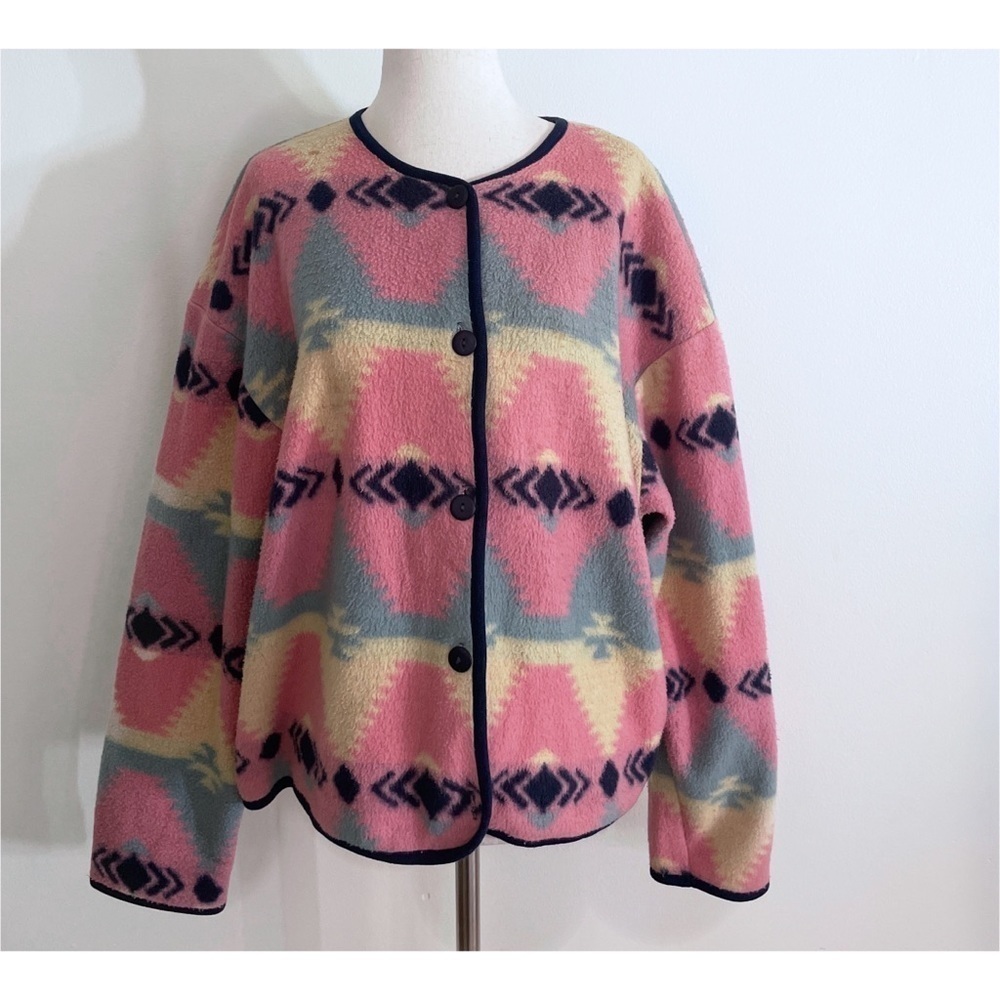 Vintage 80’s 90’s David Wayne Southwestern Aztec Pink & Yellow Fleece Jacket‌‌